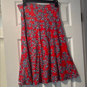 LuLaRoe Red A-Line Skirt with Blue Floral Pattern